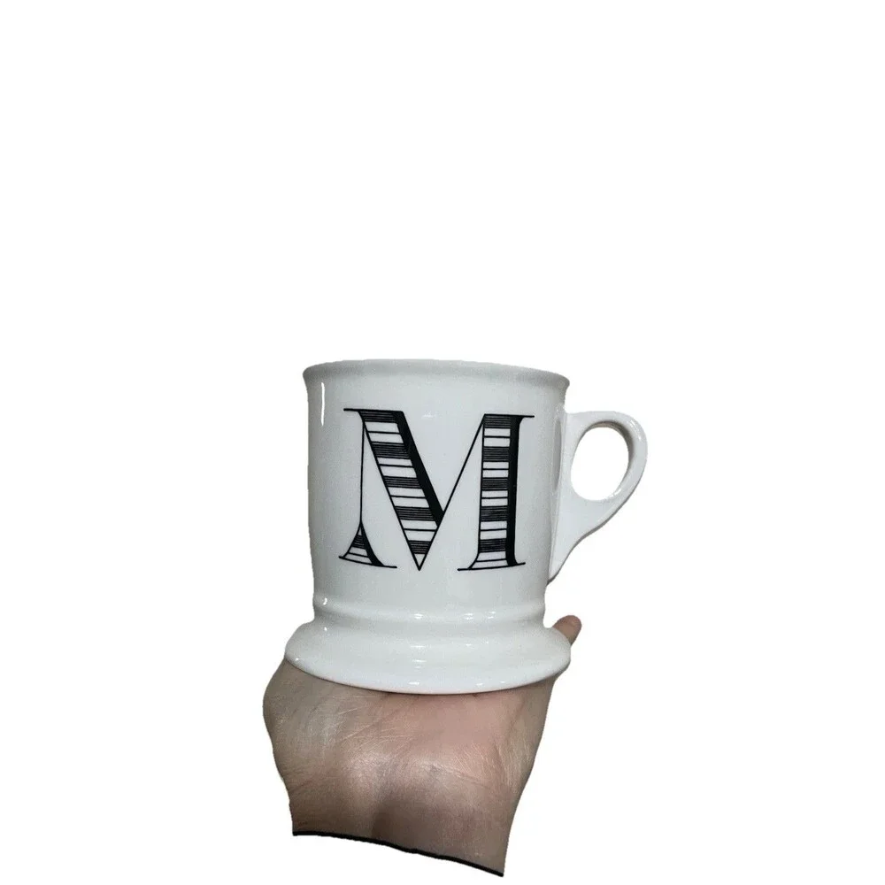 Anthropologie Coffee Mug Monogram Letter M‎ Black White Shaving Style Cup EUC